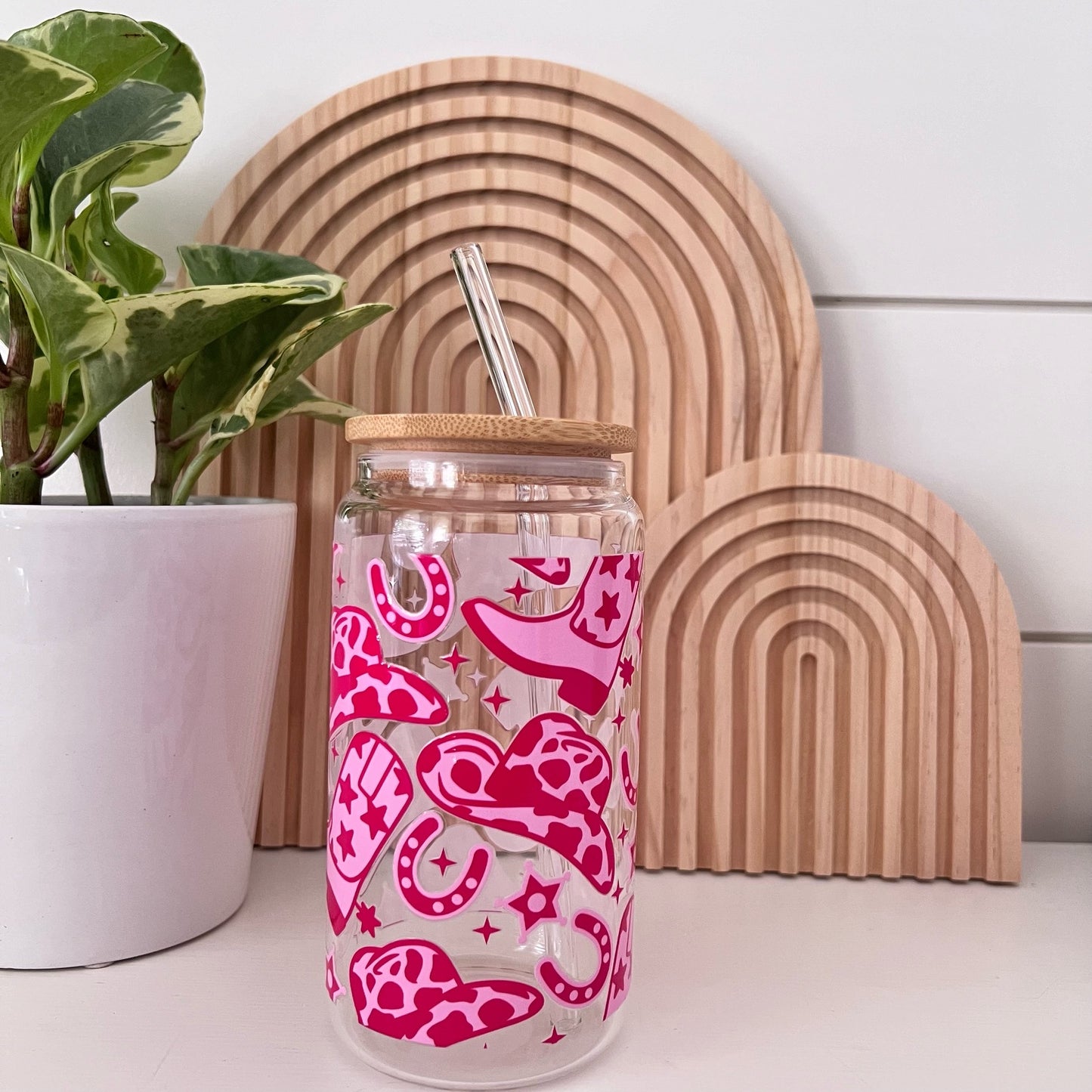 cowgirl cup with bamboo lid and glass straw
