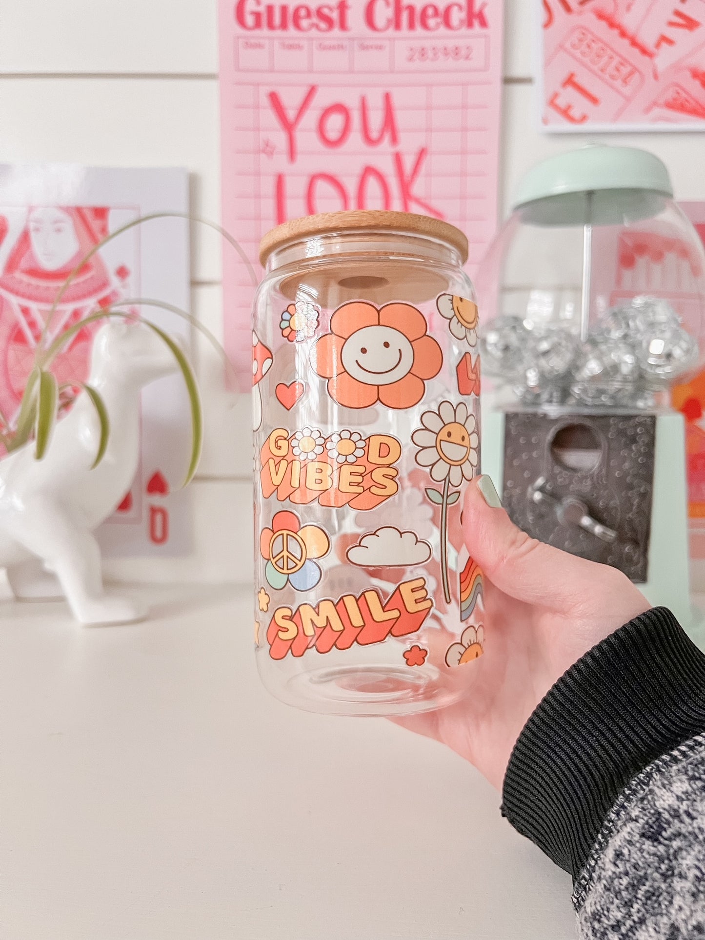 groovy shapes glass cup with bamboo lid and glass straw