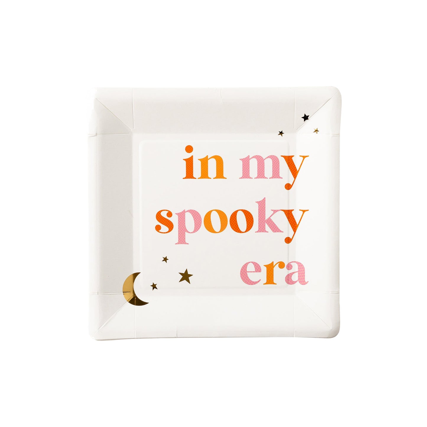 in my spooky era paper plate with orange and pink lettering and gold foil accents