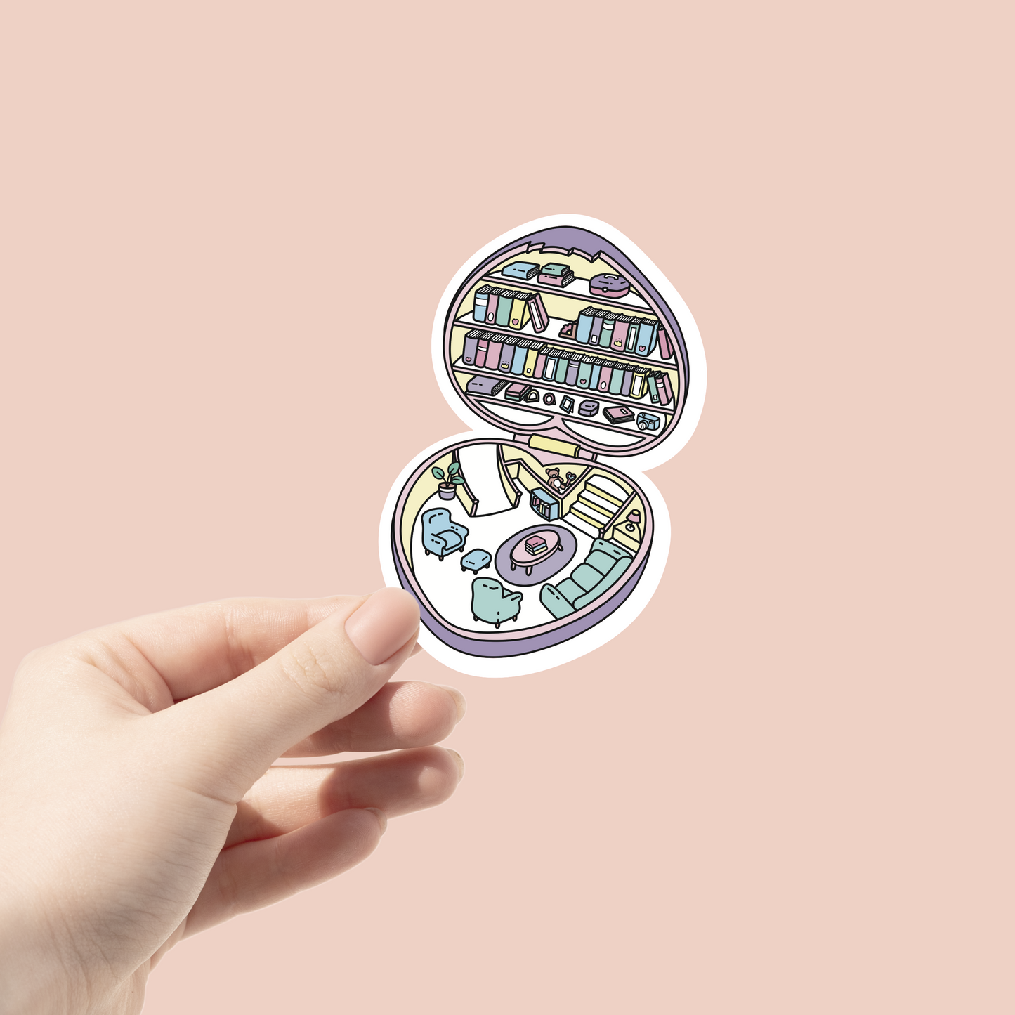 inspired by polly pockets this sticker is a fun rendition of a polly pocket but a library version sticker