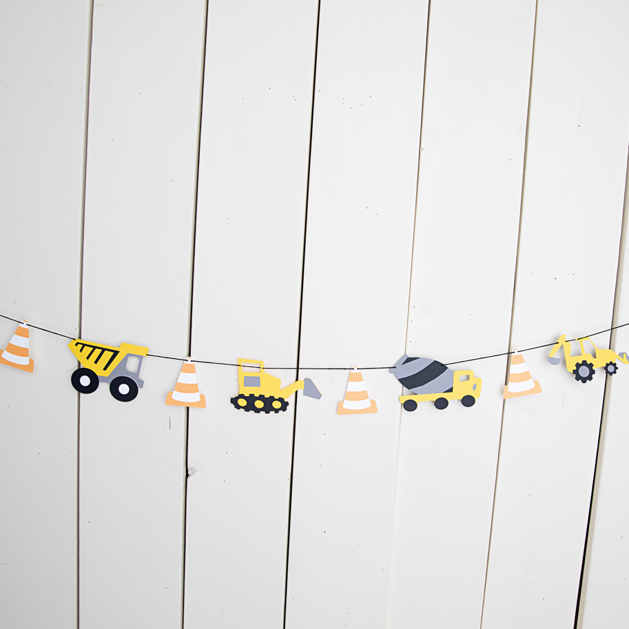 construction vehicle garland - glitter paper scissors
