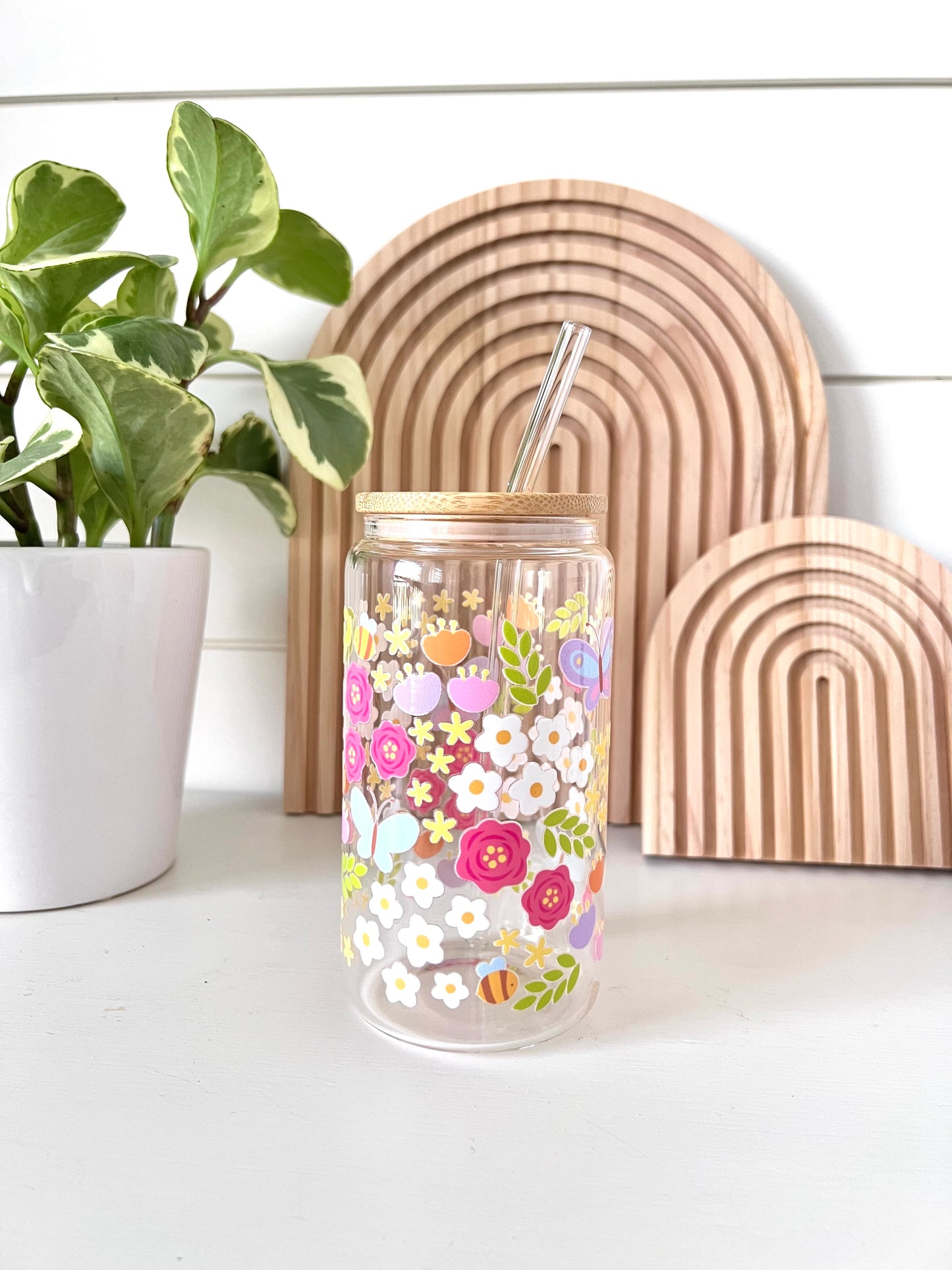 Floral bee glass cup