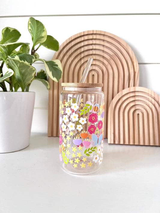 Floral bee glass cup