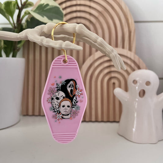  Motel Keychain with a Floral themed Halloween Serial Killers