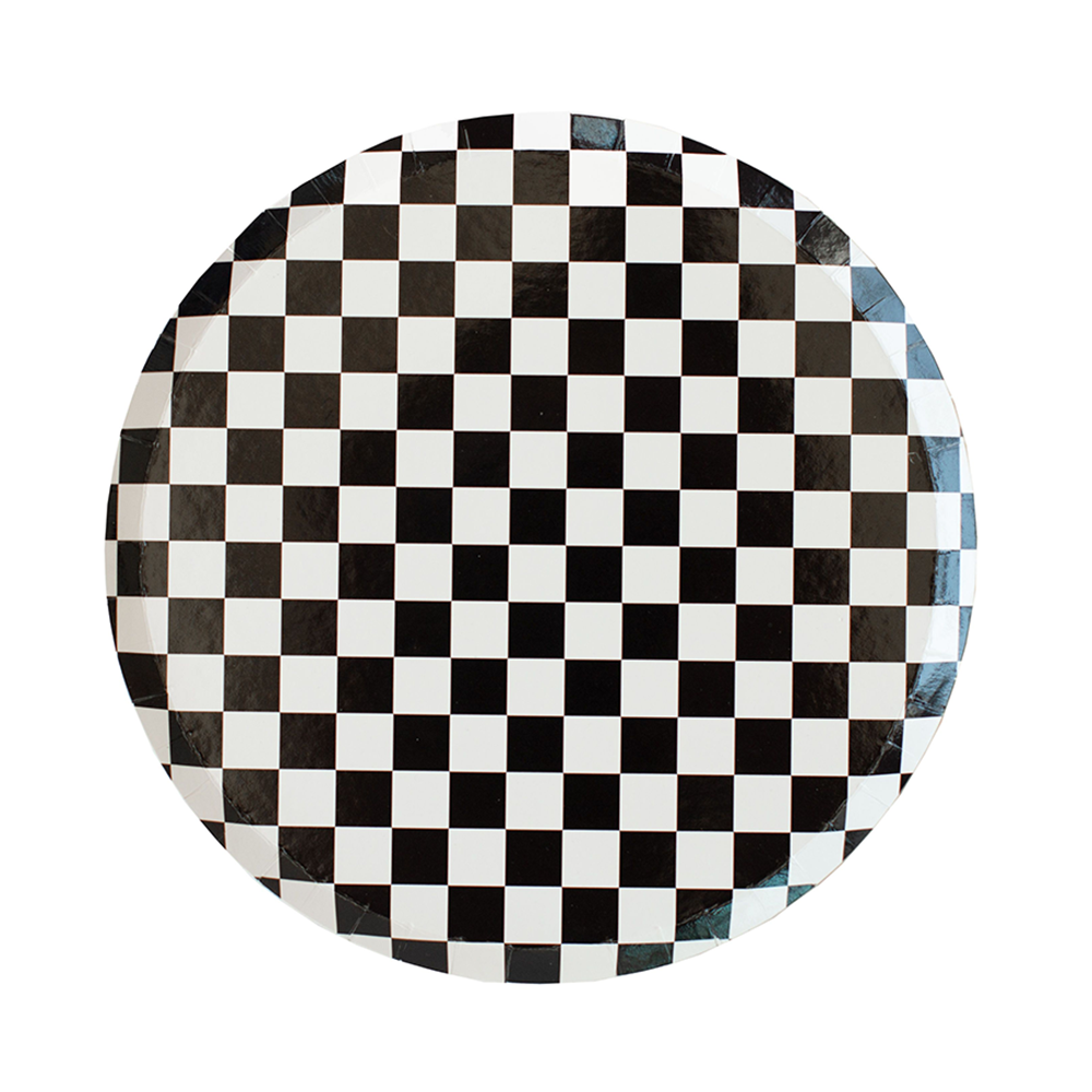 Black check it! dinner plates, black and white checkered paper plate