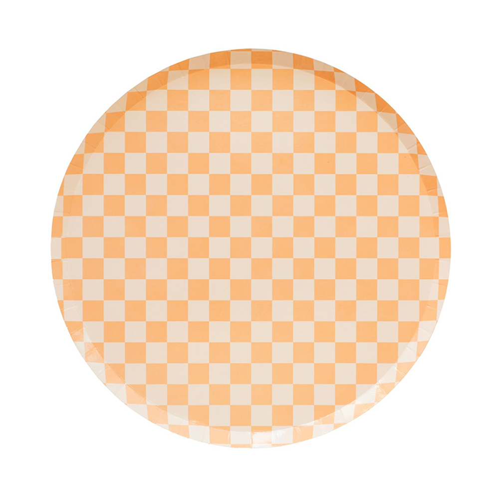 Peach check it! dinner plates, peach and white checkered paper plates