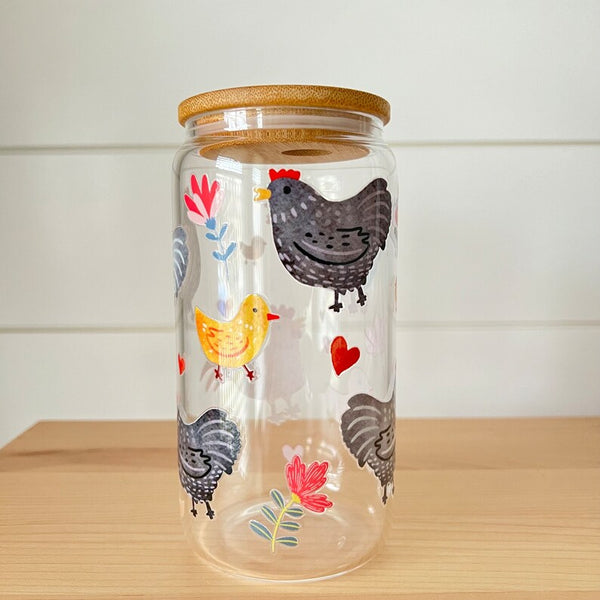 chicken glass cup with bamboo lid and glass straw