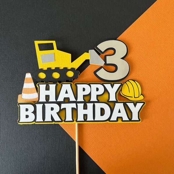 happy birthday construction cake topper with front loader and age