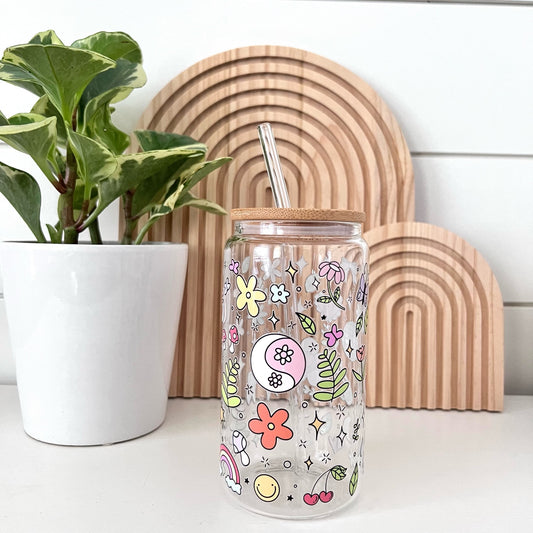 retro doodle art cup with bamboo lid and glass straw