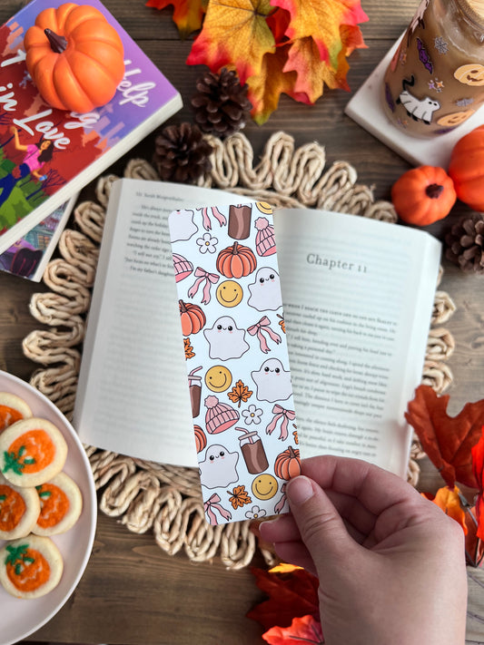 fall themed bookmark with ghosts, pumpkins, smiley faces and fall drinks