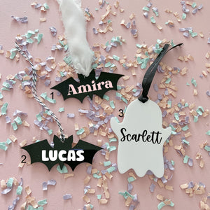 personalized Halloween tags, choose between bat or ghost