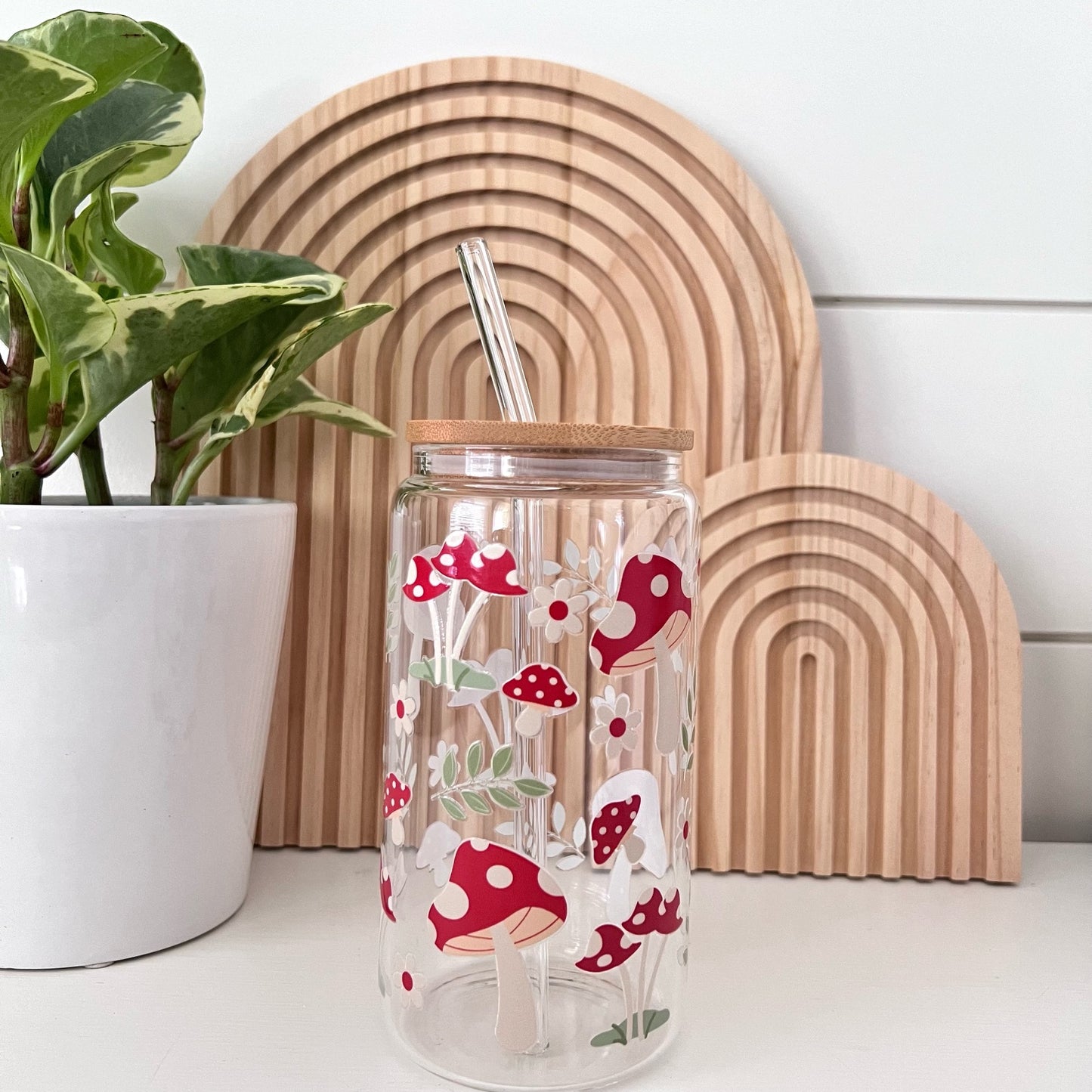 toadstool cup with bamboo lid and glass straw