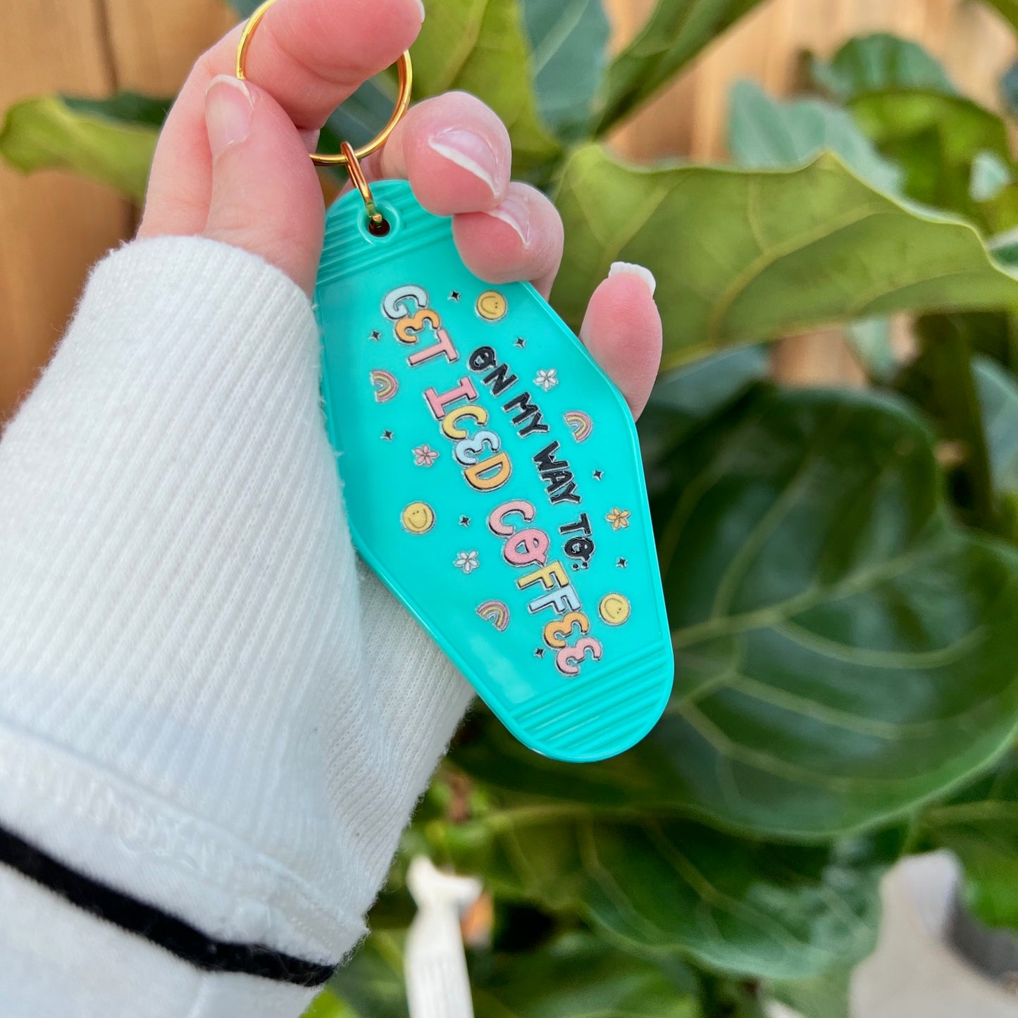 on my way to get iced coffee keychain