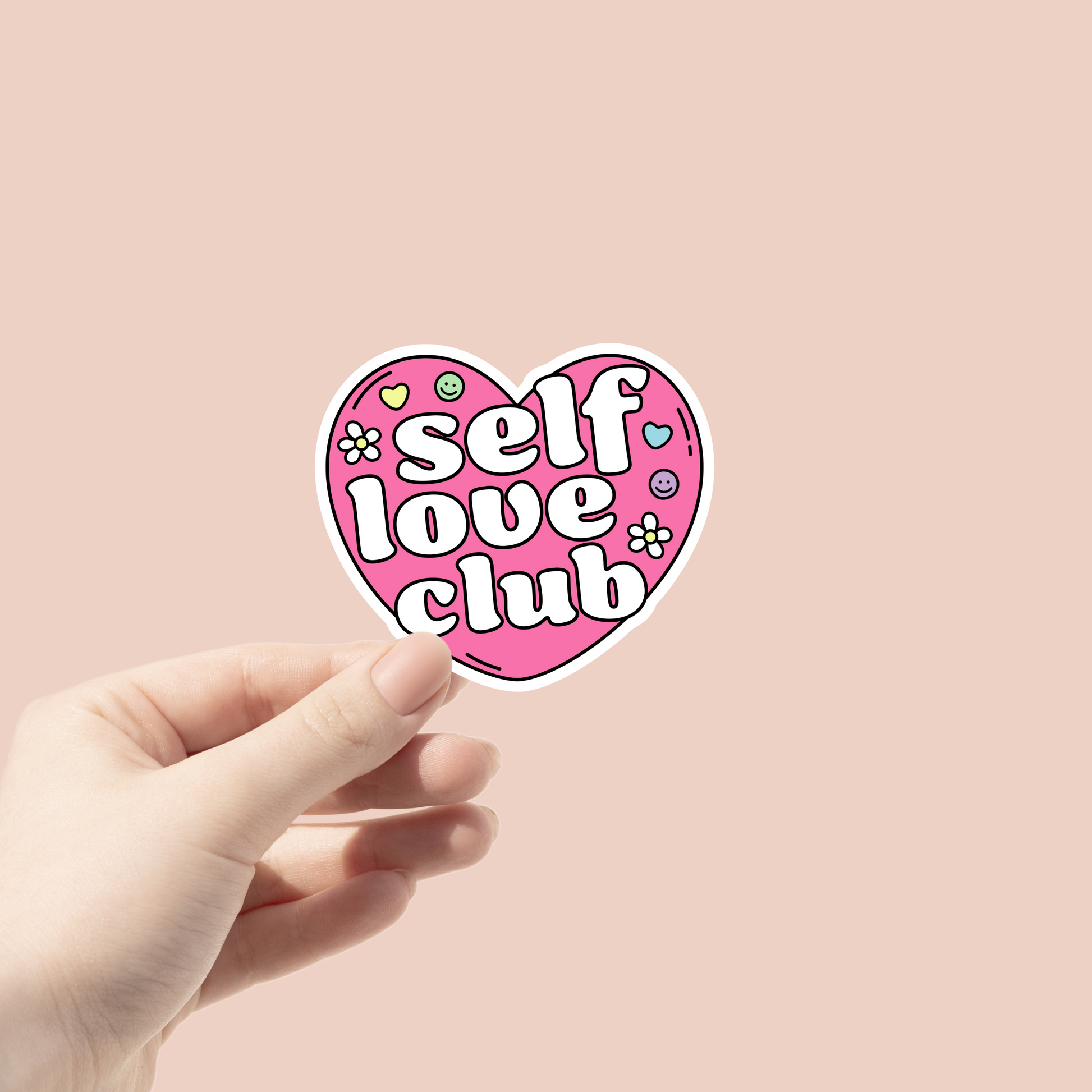 heart sticker with self love club written inside of it