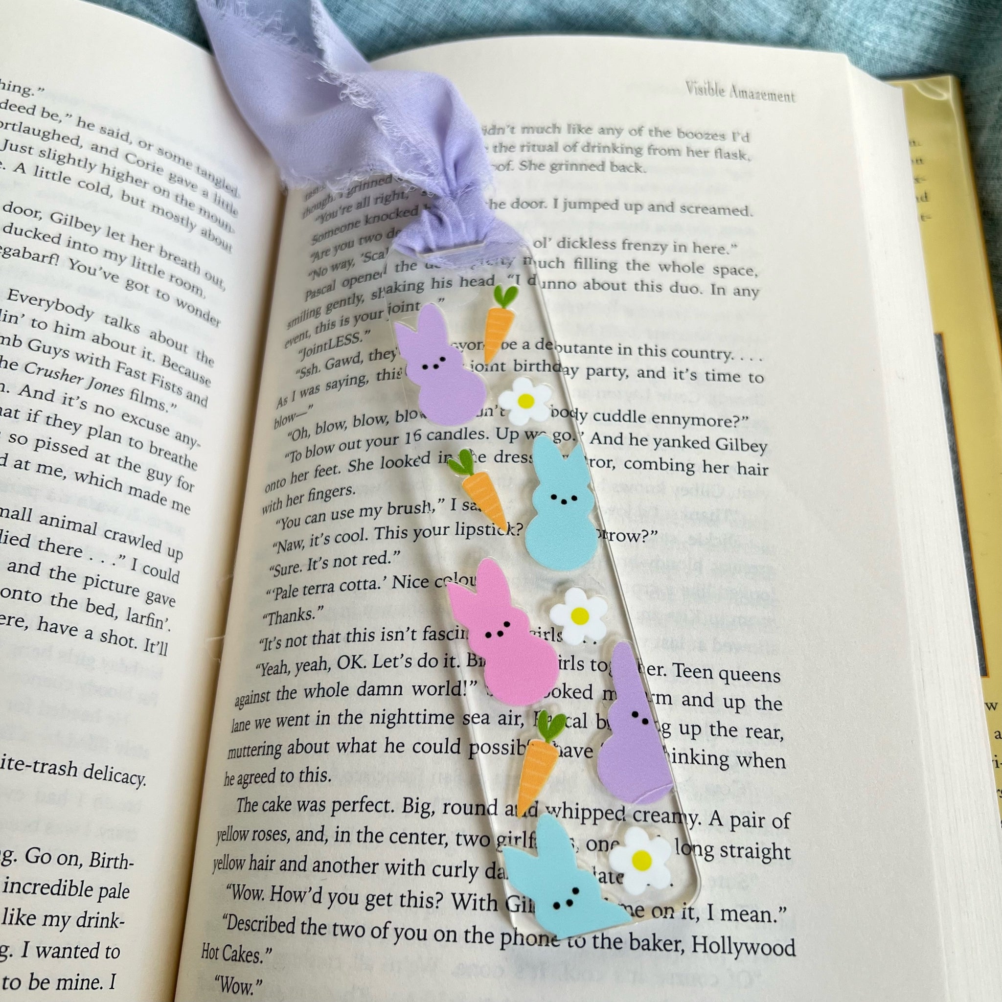 acrylic bookmark with pastel easter peeps, daisy's and carrots