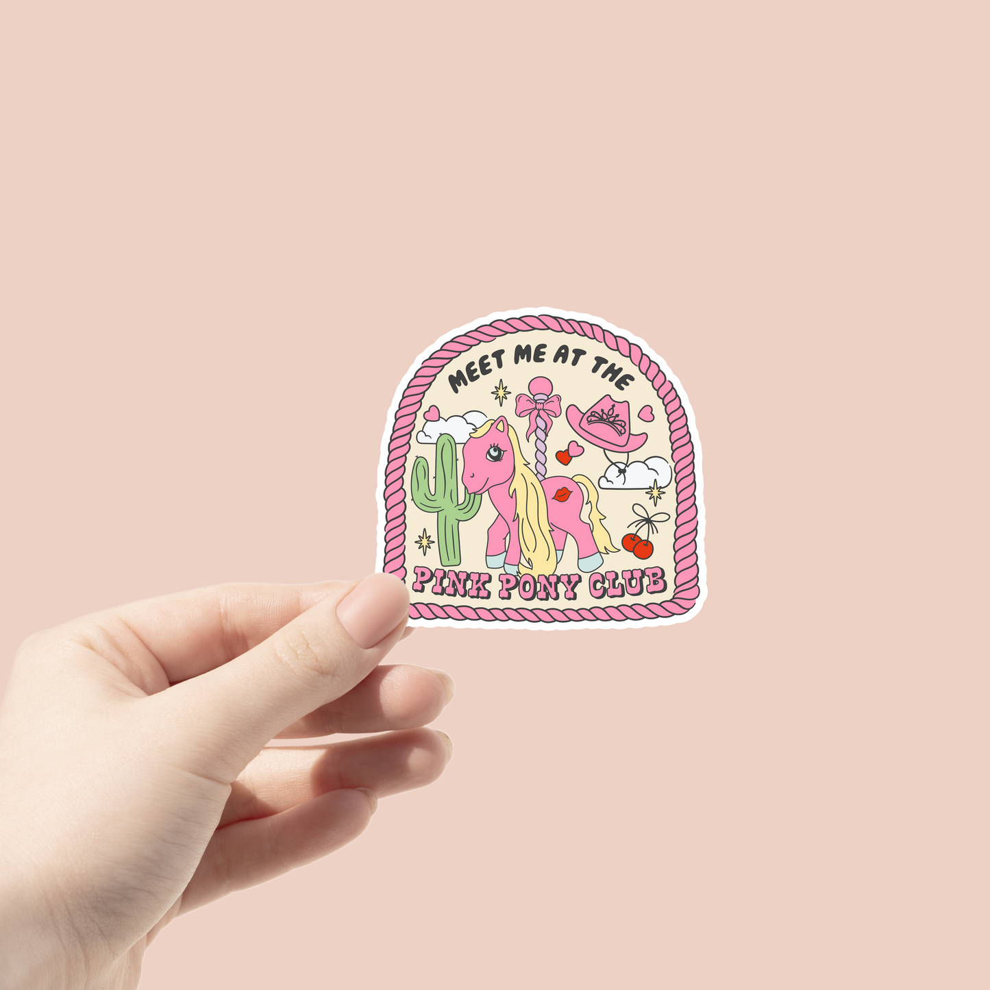 meet me at the pink pony club sticker with a pink pony 