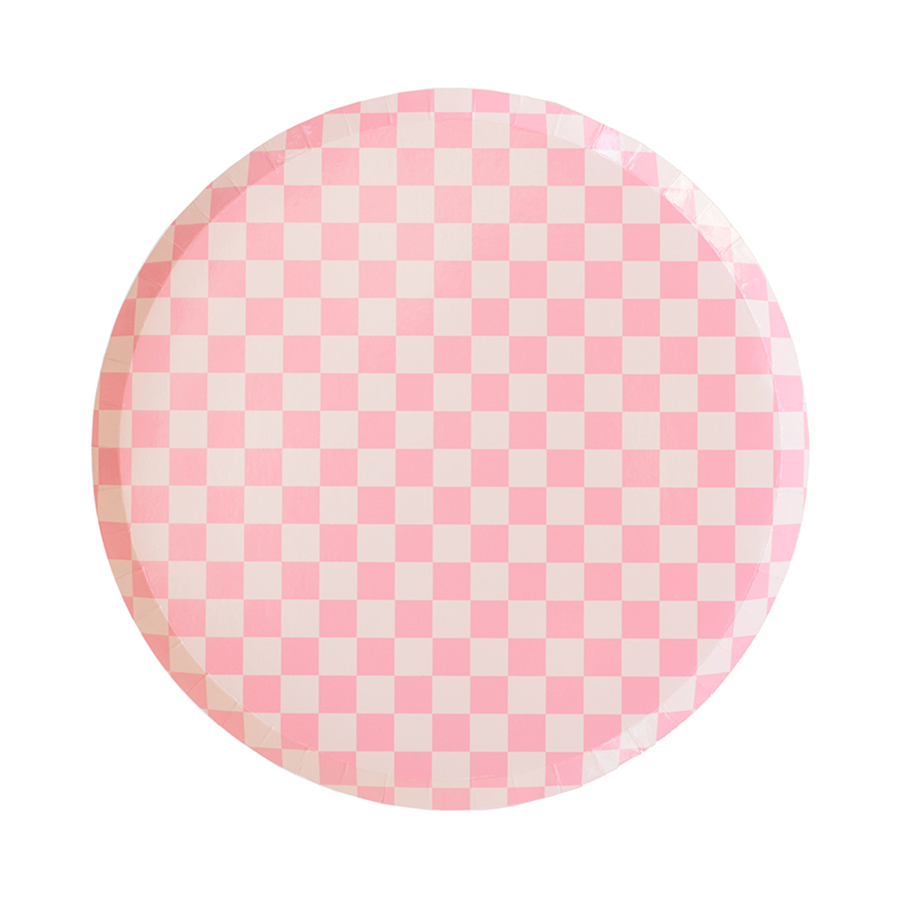 pink check it! dinner plate, pink and white checkered paper plate