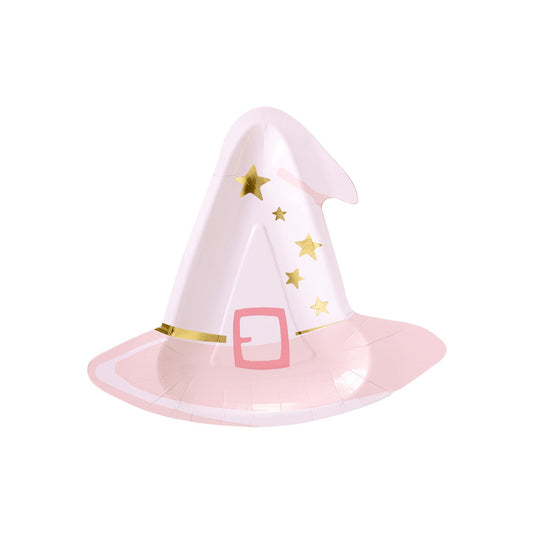 pink witch hats paper plates with gold foil detail