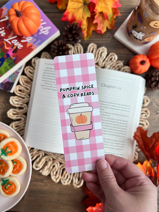 pumpkin spice and cozy reads bookmark with a pumpkin spice latte image 
