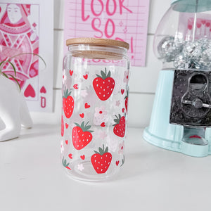 strawberry daisy design on glass beer can cup