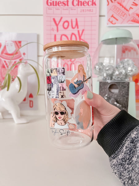 taylor swift taylors version glass cup with bamboo lid and glass straw