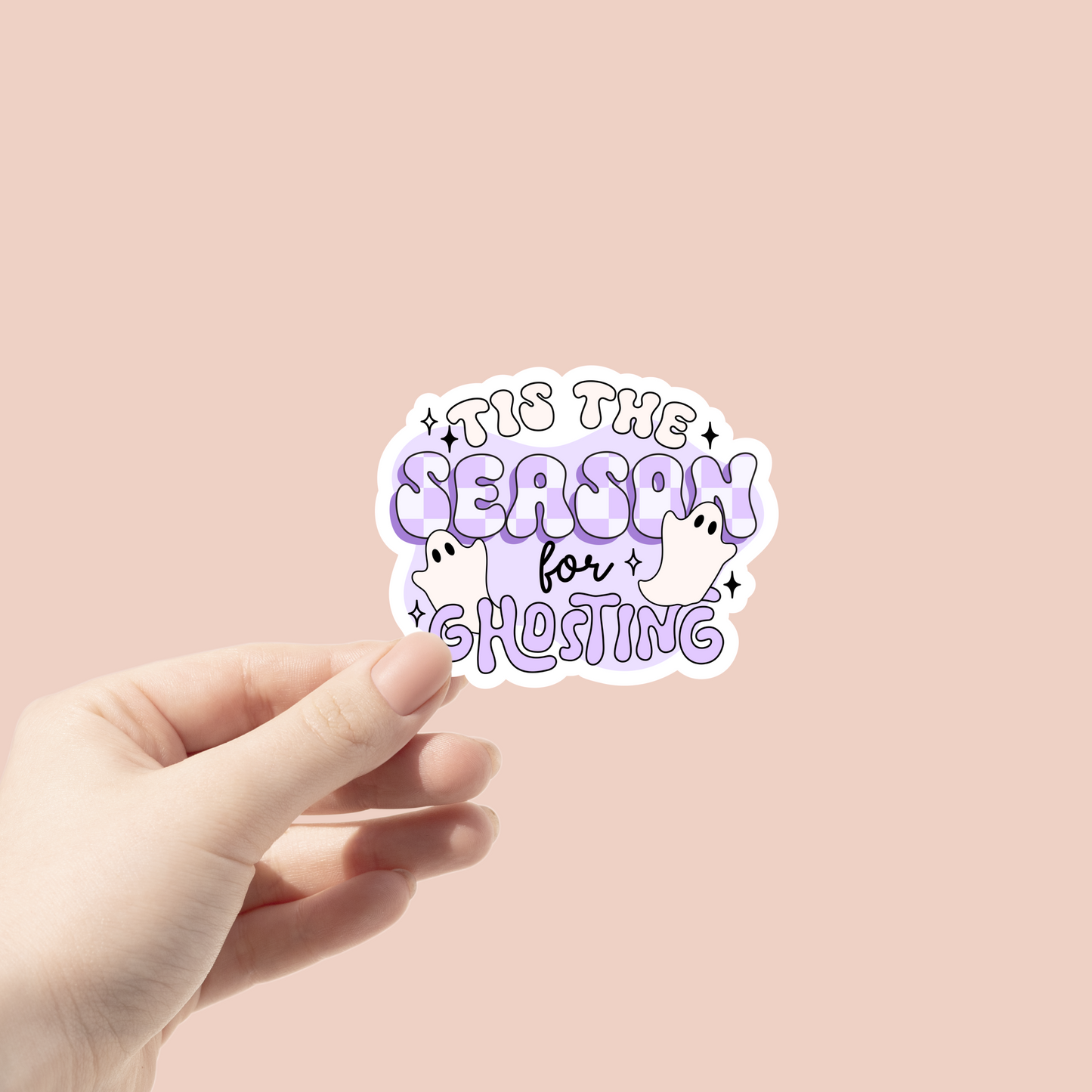 tis the season for ghosting sticker in lavender plaid with ghosts on it