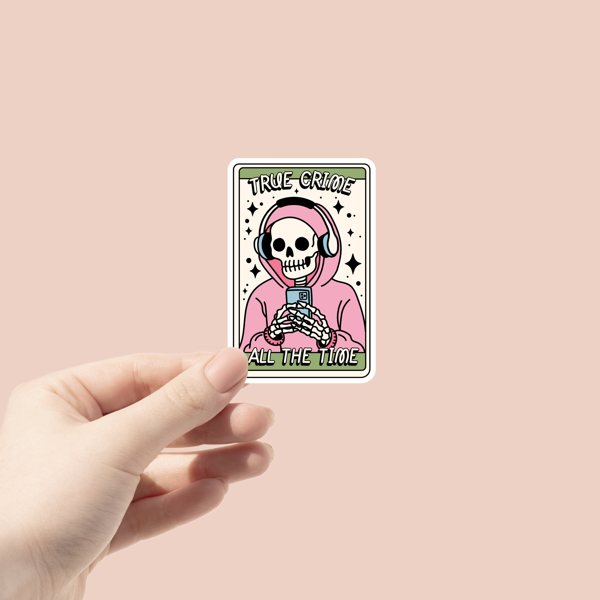 tarot card inspired sticker with a skeleton listing to true crime