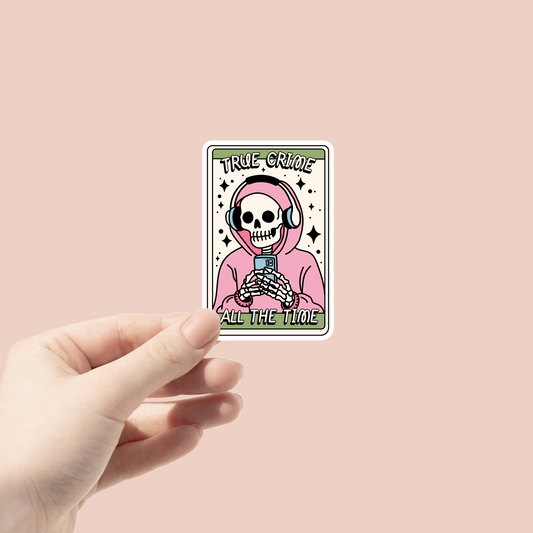 tarot card inspired sticker with a skeleton listing to true crime