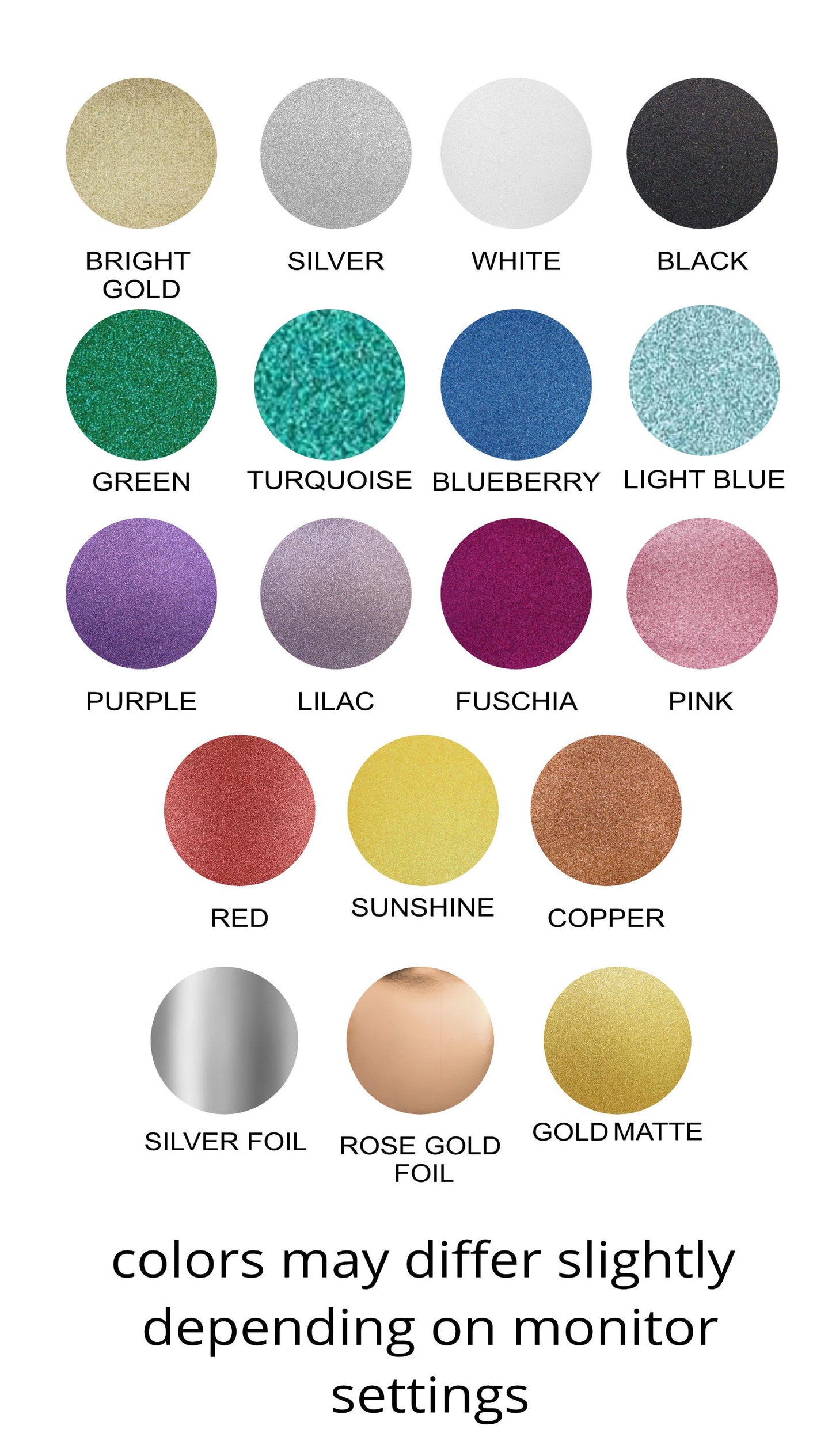 color chart of colored glittered/ foil paper we carry