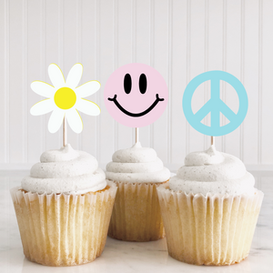 smiley face, daisy and peace sign cupcake toppers