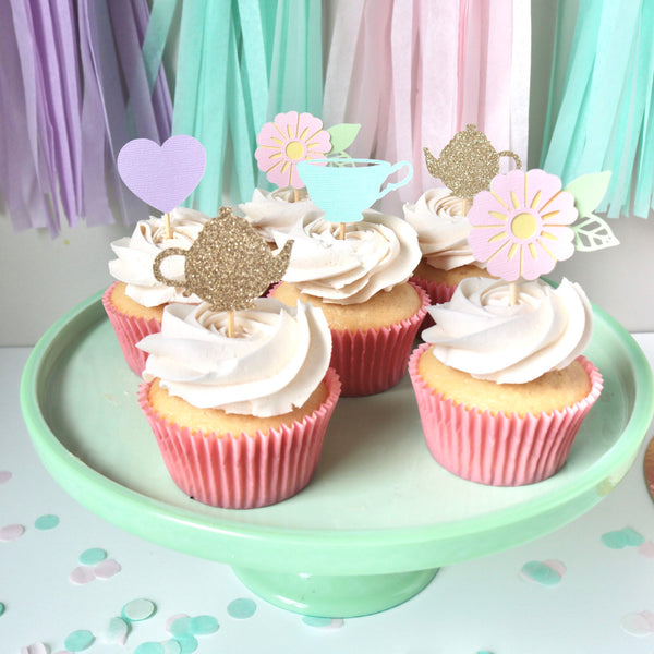 Floral Tea Cupcake Toppers - glitterpaperscissors