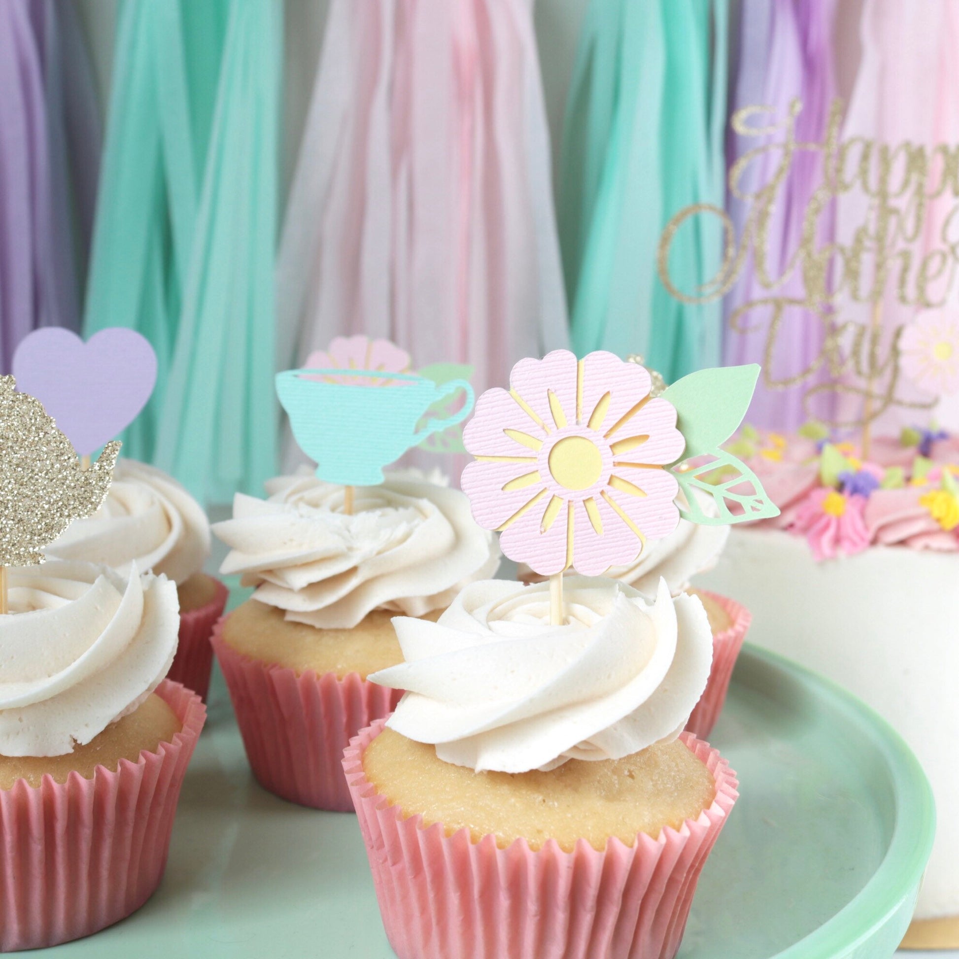 Floral Tea Cupcake Toppers - glitterpaperscissors