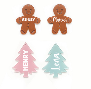 gingerbread and tree acrylic gift tags that can be personalized with a name